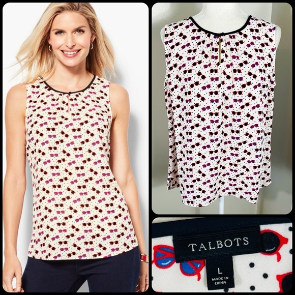TALBOTS White Sunglasses Print Keyhole Round Neck Sleeveless Blouse - LARGE - Picture 1 of 10